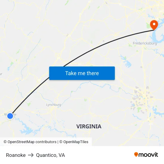 Roanoke to Quantico, VA map