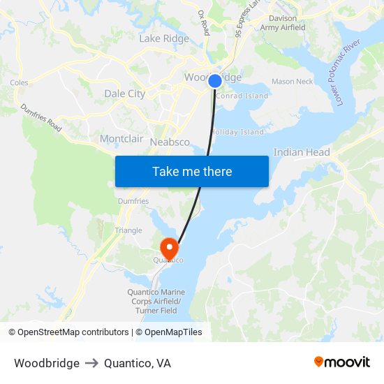 Woodbridge to Quantico, VA map