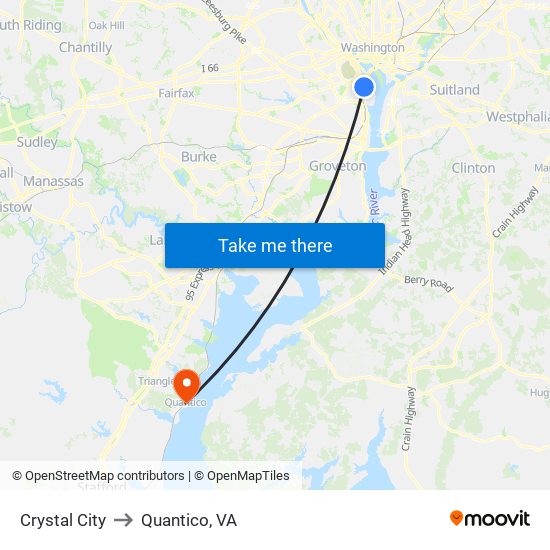 Crystal City to Quantico, VA map