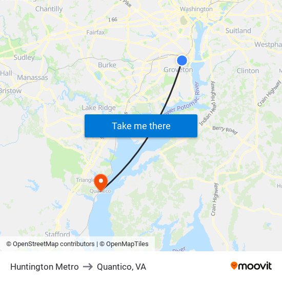 Huntington Metro to Quantico, VA map