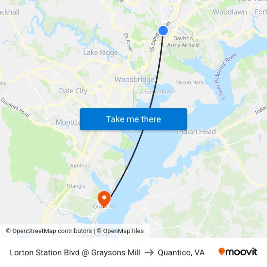Lorton Station Blvd @ Graysons Mill to Quantico, VA map