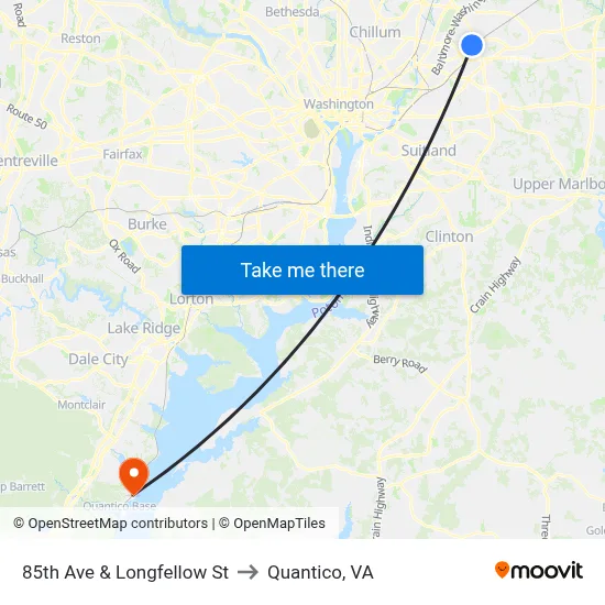 85th Ave & Longfellow St to Quantico, VA map