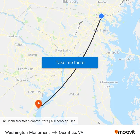 Washington Monument to Quantico, VA map