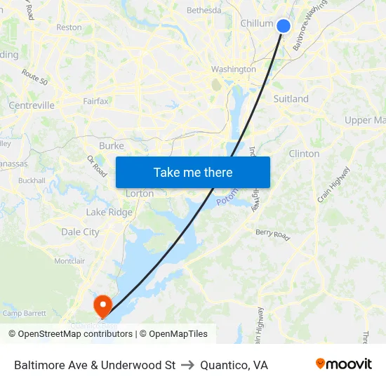 Baltimore Ave & Underwood St to Quantico, VA map