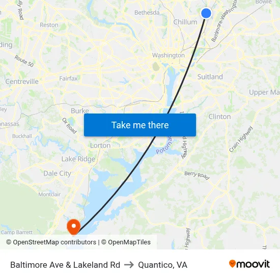 Baltimore Ave & Lakeland Rd to Quantico, VA map
