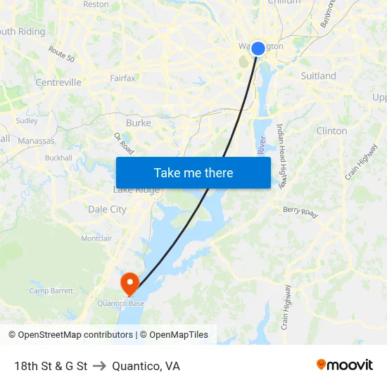 18th St & G St to Quantico, VA map