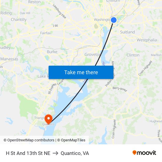 H St And 13th St NE to Quantico, VA map