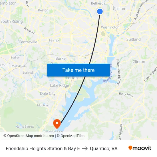 Friendship Heights Station & Bay E to Quantico, VA map