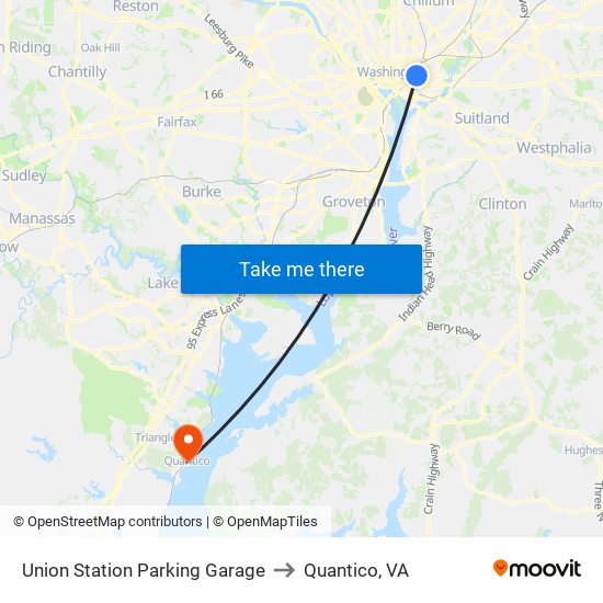 Union Station Parking Garage to Quantico, VA map