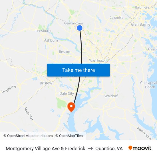 Montgomery Villiage Ave & Frederick to Quantico, VA map