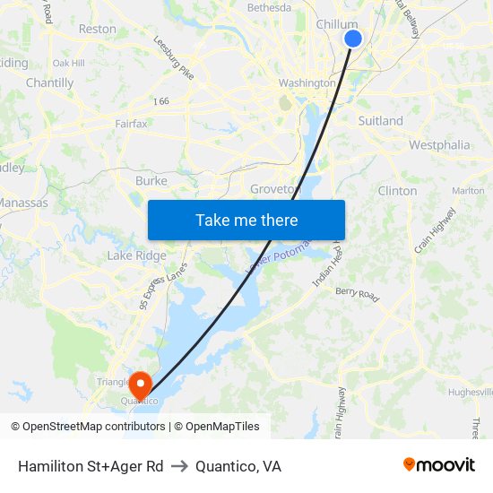 Hamiliton St+Ager Rd to Quantico, VA map