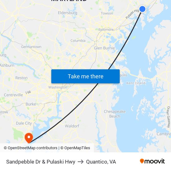 Sandpebble Dr & Pulaski Hwy to Quantico, VA map