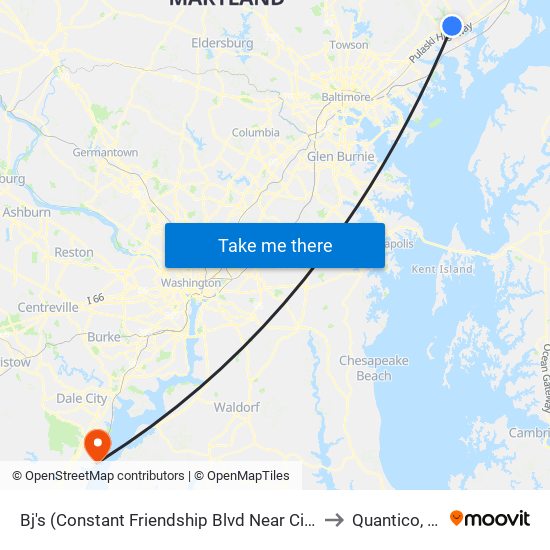 Bj's (Constant Friendship Blvd Near Circle) to Quantico, VA map