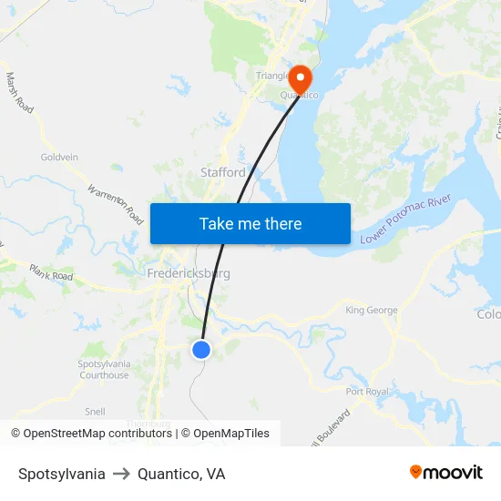 Spotsylvania to Quantico, VA map