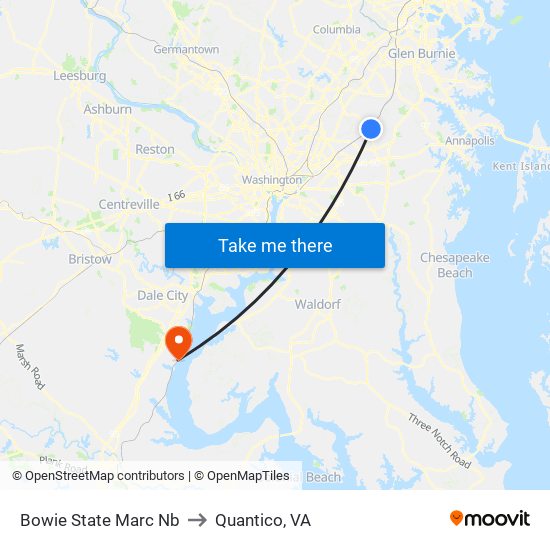 Bowie State Marc Nb to Quantico, VA map