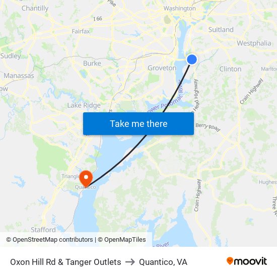 Oxon Hill Rd & Tanger Outlets to Quantico, VA map