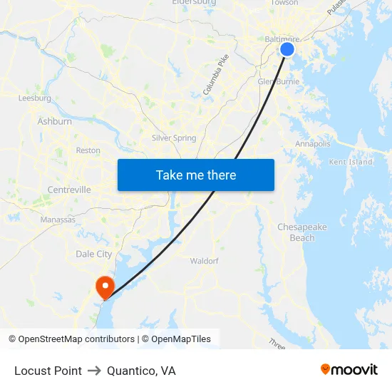Locust Point to Quantico, VA map