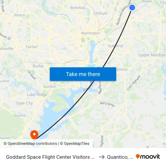 Goddard Space Flight Center Visitors Center to Quantico, VA map