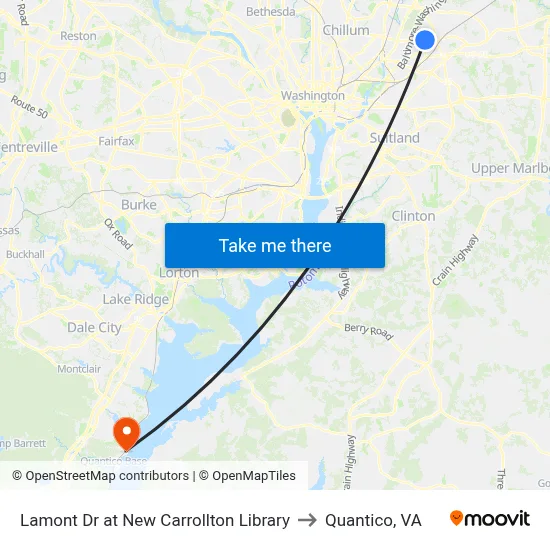 Lamont Dr at New Carrollton Library to Quantico, VA map