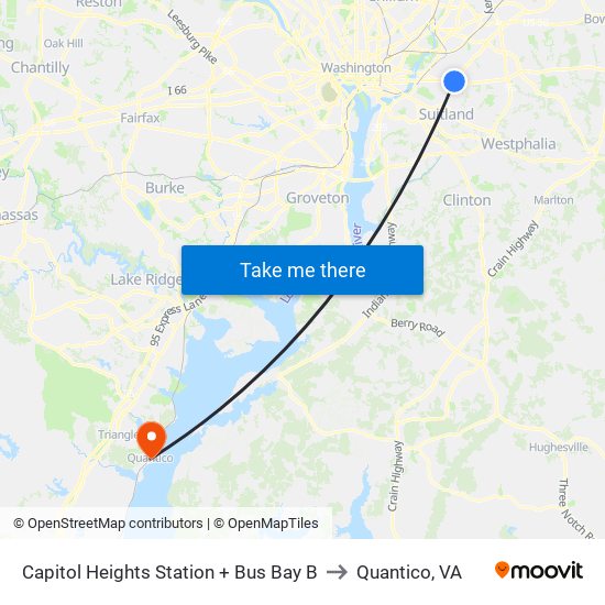 Capitol Heights Station + Bus Bay B to Quantico, VA map