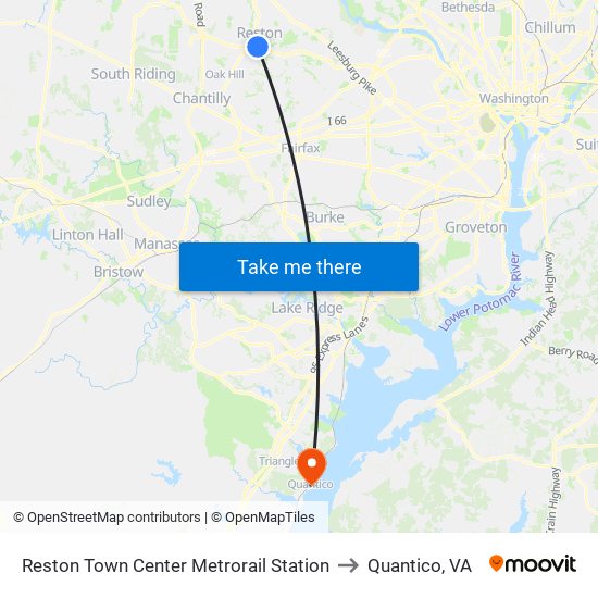 Reston Town Center Metrorail Station to Quantico, VA map