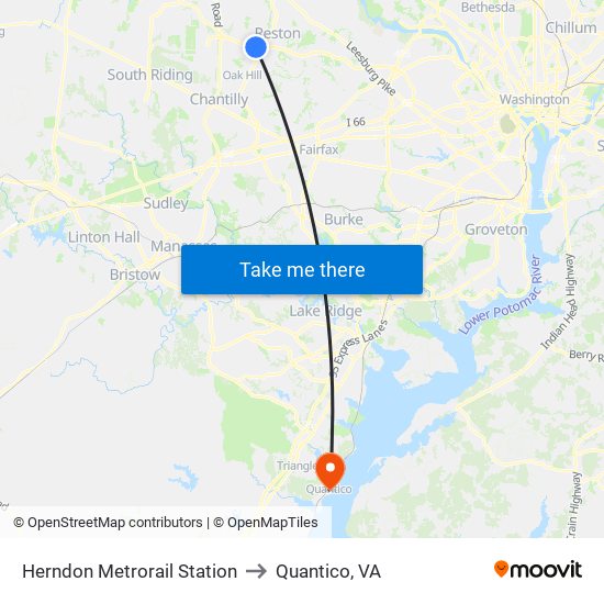 Herndon Metrorail Station to Quantico, VA map