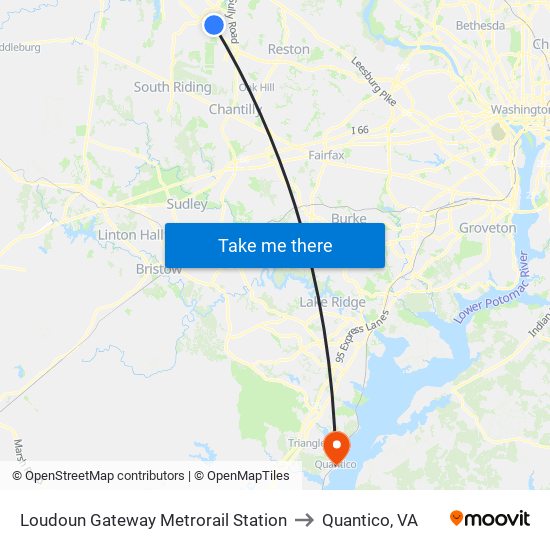 Loudoun Gateway Metrorail Station to Quantico, VA map