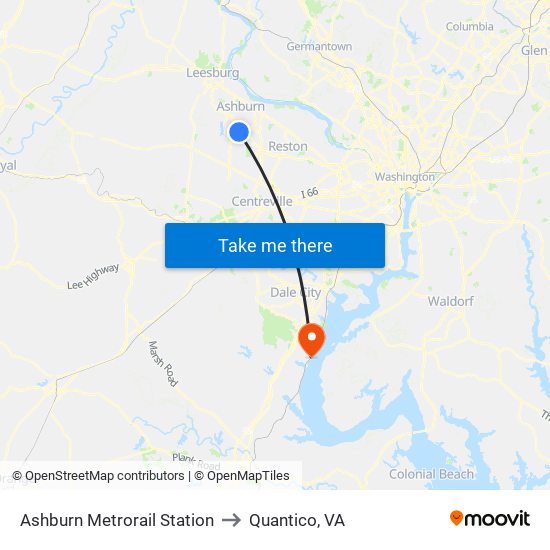 Ashburn Metrorail Station to Quantico, VA map