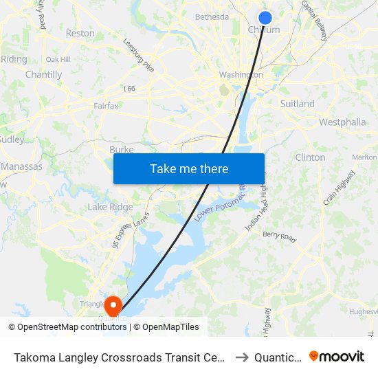 Takoma Langley Crossroads Transit Center + Bus Bay A to Quantico, VA map