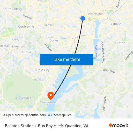Ballston Station + Bus Bay H to Quantico, VA map
