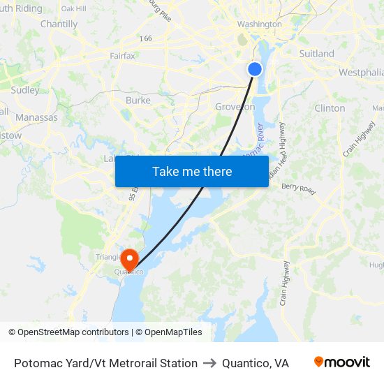 Potomac Yard/Vt Metrorail Station to Quantico, VA map