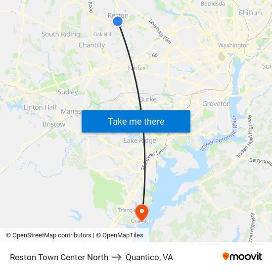 Reston Town Center North to Quantico, VA map