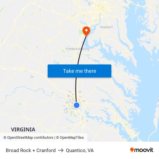 Broad Rock + Cranford to Quantico, VA map