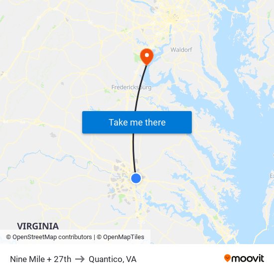 Nine Mile + 27th to Quantico, VA map