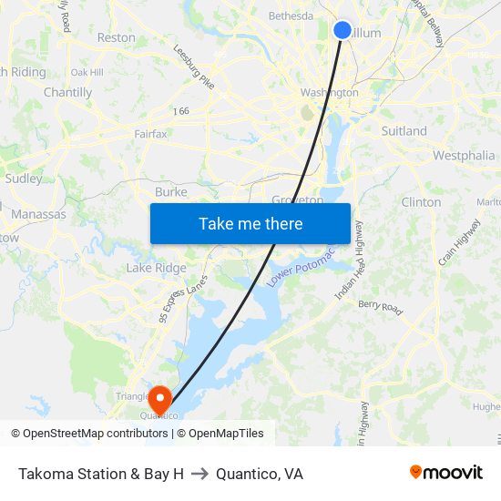 Takoma Station & Bay H to Quantico, VA map