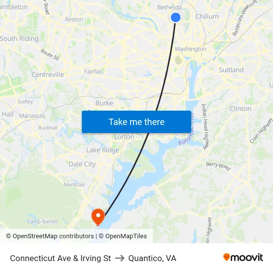 Connecticut Ave & Irving St to Quantico, VA map