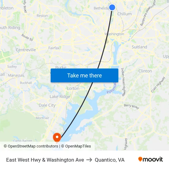 East West Hwy & Washington Ave to Quantico, VA map