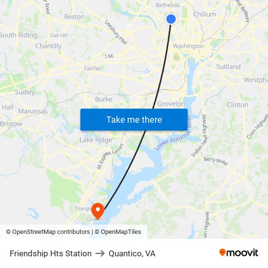 Friendship Hts Station to Quantico, VA map