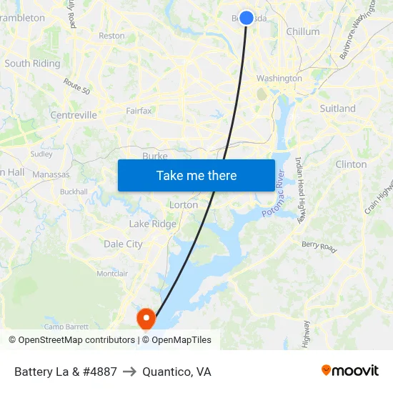 Battery La & #4887 to Quantico, VA map