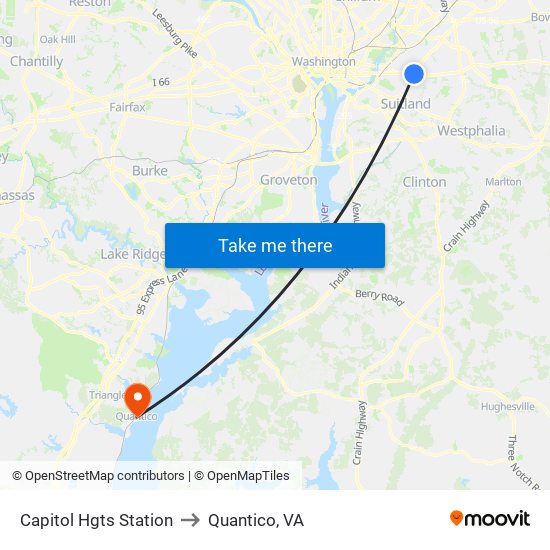 Capitol Hgts Station to Quantico, VA map