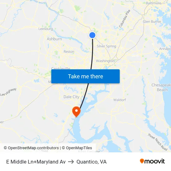 E Middle Ln+Maryland Av to Quantico, VA map