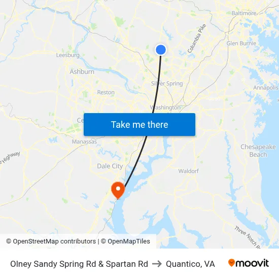 Olney Sandy Spring Rd & Spartan Rd to Quantico, VA map