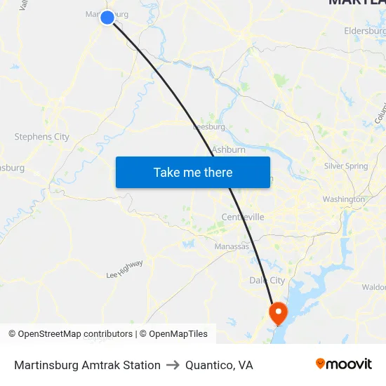 Martinsburg Amtrak Station to Quantico, VA map