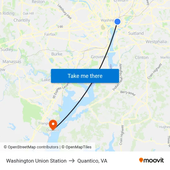 Washington Union Station to Quantico, VA map