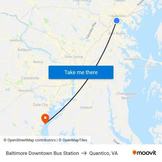 Baltimore Downtown Bus Station to Quantico, VA map