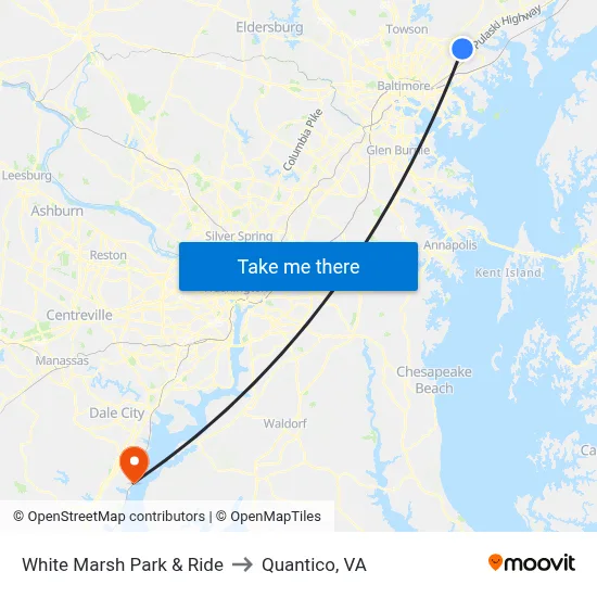 White Marsh Park & Ride to Quantico, VA map