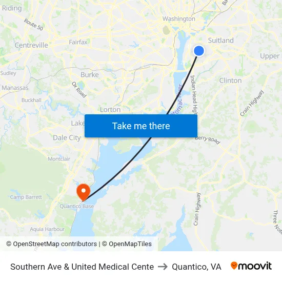 Southern Ave & United Medical Cente to Quantico, VA map