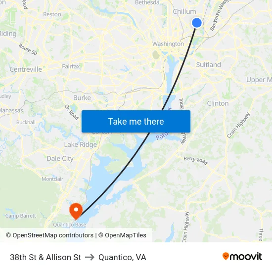 38th St & Allison St to Quantico, VA map