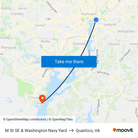 M St SE & Washington Navy Yard to Quantico, VA map