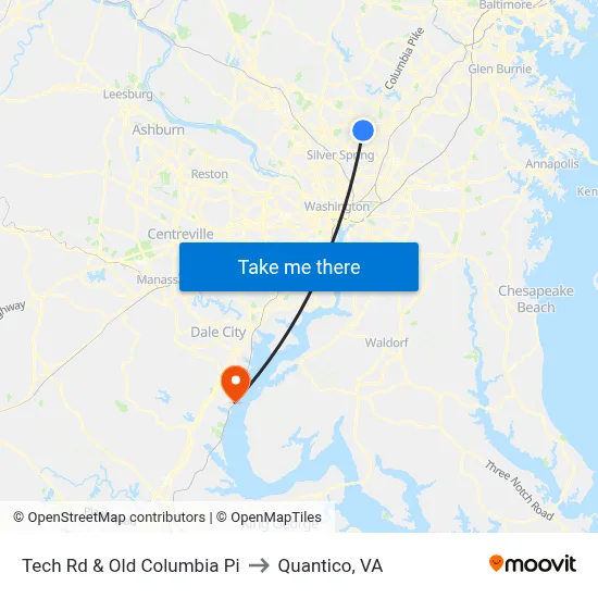Tech Rd & Old Columbia Pi to Quantico, VA map